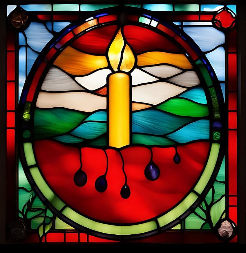 Stil eines bunten Kirchenfensters. Man sieht eine hügelige Landschaft in der eine Kerze steht.. 