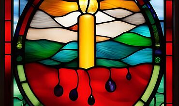 Stil eines bunten Kirchenfensters. Man sieht eine hügelige Landschaft in der eine Kerze steht.. 