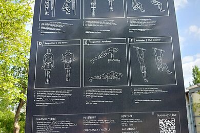 Infotafel an der Workoutpark-Anlage mit der Beschreibung von etlichen Fitnessübungen und einem QR-Code (unten rechts) zu einer Seite mit weiteren Übungen.